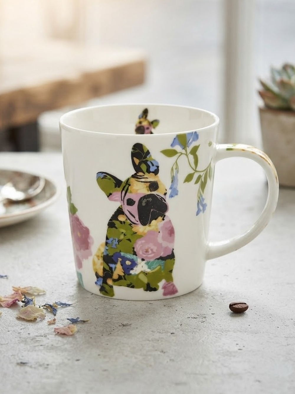 White Ceramic Mug with Floral French Bulldog Design